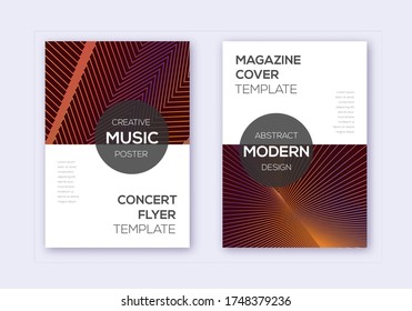 Conjunto moderno de plantillas de diseño de portada. Líneas abstractas naranjas sobre fondo de color rojo. Diseño de cubierta exótica. Catálogo, afiche, plantilla de libro, etc.