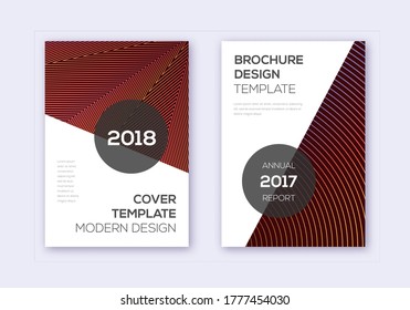 Modern cover design template set. Orange abstract geometric lines on wine red background. Extraordinary cover design. Grand catalog, poster, book template etc.