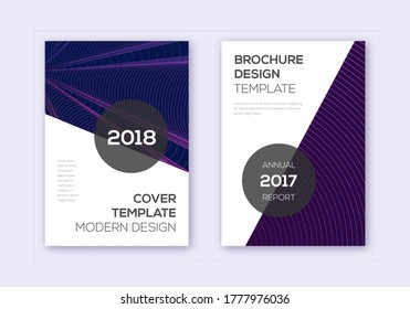 Conjunto moderno de plantillas de diseño de portada. Líneas abstractas violetas en el fondo del marrón. Diseño de portada justa. Catálogo, afiche, plantilla de libro, etc.