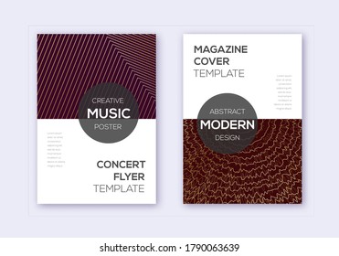 Modern cover design template set. Gold abstract lines on bordo background. Exceptional cover design. Awesome catalog, poster, book template etc.