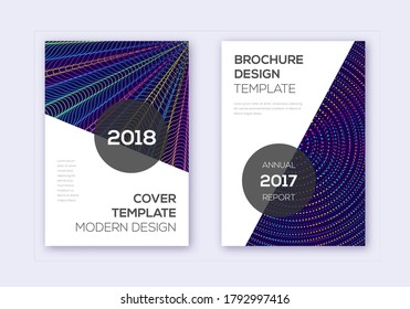 Modern cover design template set. Rainbow abstract lines on dark blue background. Fabulous cover design. Bizarre catalog, poster, book template etc.
