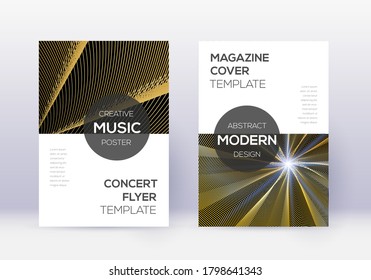 Modern cover design template set. Gold abstract lines on black background. Excellent cover design. Remarkable catalog, poster, book template etc.