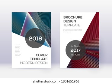 Modern cover design template set. Red abstract lines on white blue background. Fabulous cover design. Neat catalog, poster, book template etc.