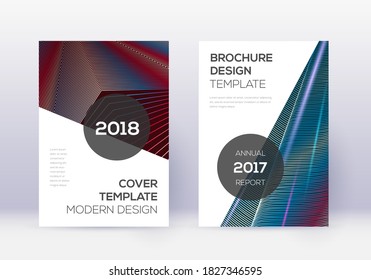 Conjunto moderno de plantillas de diseño de portada. Líneas abstractas rojas sobre fondo azul blanco. Fabuloso diseño de portada. Catálogo, afiche, plantilla de libro, etc.