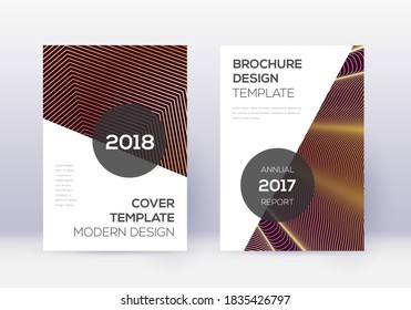 Modern cover design template set. Gold abstract lines on maroon background. Extra cover design. Majestic catalog, poster, book template etc.