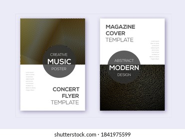 Modernes Cover Design Template Set. Goldene abstrakte Linien auf schwarzem Hintergrund. Hervorragendes Cover-Design. Versuchskatalog, Poster, Buchvorlage etc.