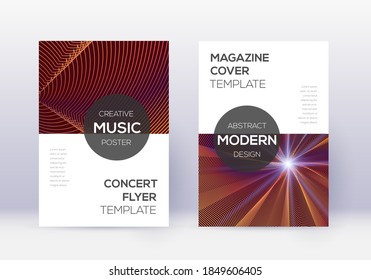 Modern cover design template set. Orange abstract lines on wine red background. Exotic cover design. Ideal catalog, poster, book template etc.