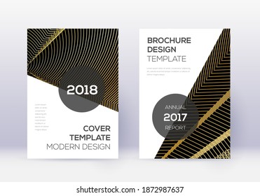 Conjunto moderno de plantillas de diseño de portada. Líneas abstractas de oro sobre fondo negro. Diseño de cubierta extra. Catálogo creativo, afiche, plantilla de libro, etc.