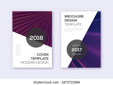 Modern cover design template set. Violet abstract lines on maroon background. Fair cover design. Charming catalog, poster, book template etc.