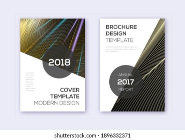 Modern cover design template set. Gold abstract lines on black background. Extra cover design. Brilliant catalog, poster, book template etc.