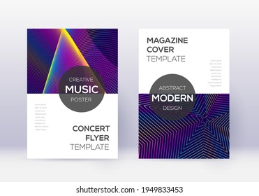 Conjunto moderno de plantillas de diseño de portada. Líneas abstractas del arcoiris sobre fondo azul oscuro. Diseño de cubierta exótica. Catálogo, afiche, plantilla de libro, etc.