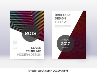 Conjunto moderno de plantillas de diseño de portada. Líneas abstractas del arcoiris sobre fondo rojo del vino. Fabuloso diseño de portada. Catálogo justo, afiche, plantilla de libro, etc.
