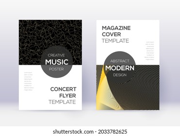 Modern cover design template set. Gold abstract lines on black background. Excellent cover design. Wonderful catalog, poster, book template etc.