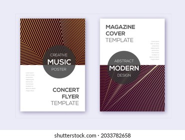 Modern cover design template set. Gold abstract lines on bordo background. Exceptional cover design. Artistic catalog, poster, book template etc.