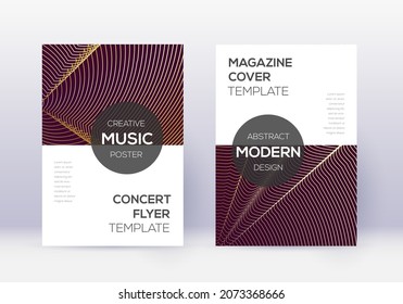 Modern cover design template set. Gold abstract lines on maroon background. Exceptional cover design. Fantastic catalog, poster, book template etc.