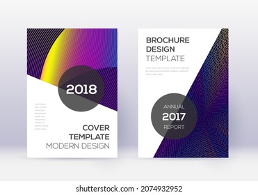 Modern cover design template set. Rainbow abstract lines on dark blue background. Fabulous cover design. Alluring catalog, poster, book template etc.