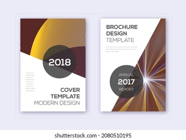 Modern cover design template set. Gold abstract lines on bordo background. Extra cover design. Gorgeous catalog, poster, book template etc.