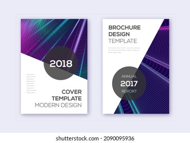 Conjunto moderno de plantillas de diseño de portada. Líneas abstractas neón sobre fondo azul oscuro. Extraordinario diseño de portada. Fantástico catálogo, afiche, plantilla de libro, etc.