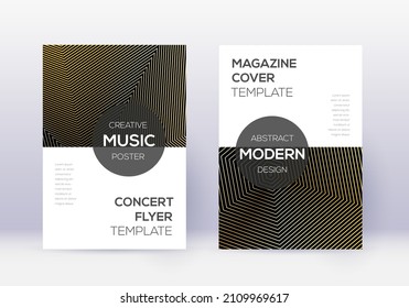Modern cover design template set. Gold abstract lines on black background. Excellent cover design. Shapely catalog, poster, book template etc.
