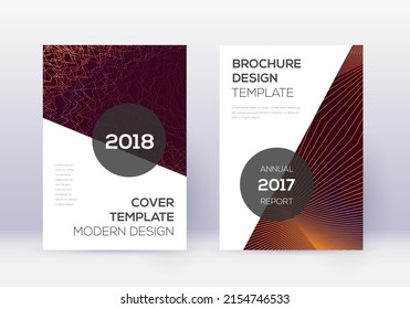 Conjunto moderno de plantillas de diseño de portada. Líneas abstractas naranjas sobre fondo de color rojo. Extraordinario diseño de portada. Gracioso catálogo, afiche, plantilla de libro, etc.