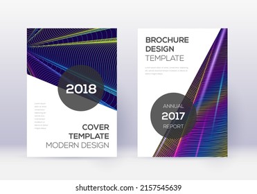 Modern cover design template set. Rainbow abstract lines on dark blue background. Extraordinary cover design. Unusual catalog, poster, book template etc.