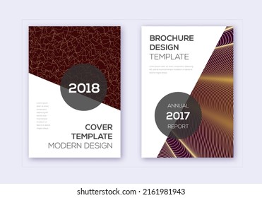 Modern cover design template set. Gold abstract lines on bordo background. Extra cover design. Imaginative catalog, poster, book template etc.