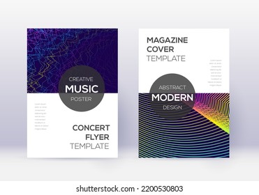 Modern cover design template set. Rainbow abstract lines on dark blue background. Exotic cover design. Mind-blowing catalog, poster, book template etc.