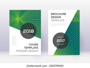 Conjunto moderno de plantillas de diseño de portada. Líneas abstractas verdes sobre fondo oscuro. Extraordinario diseño de portada. Catálogo sorprendente, afiche, plantilla de libro, etc.