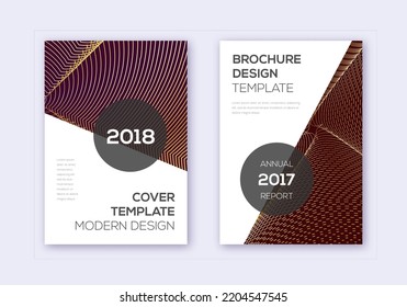 Modern cover design template set. Gold abstract lines on bordo background. Extra cover design. Immaculate catalog, poster, book template etc.