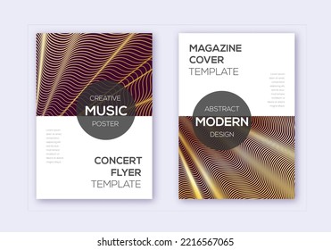 Modern cover design template set. Gold abstract lines on bordo background. Exceptional cover design. Creative catalog, poster, book template etc.