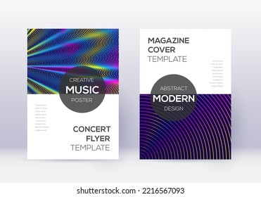 Modern cover design template set. Rainbow abstract lines on dark blue background. Exotic cover design. Lovely catalog, poster, book template etc.