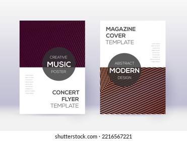 Modern cover design template set. Gold abstract lines on maroon background. Exceptional cover design. Curious catalog, poster, book template etc.