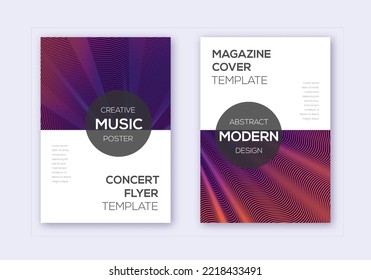 Modern cover design template set. Violet abstract lines on maroon background. Exquisite cover design. Uncommon catalog, poster, book template etc.