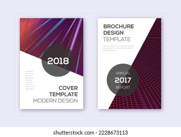 Modern cover design template set. Violet abstract lines on maroon background. Fair cover design. Ecstatic catalog, poster, book template etc.