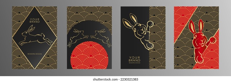 Modelo de diseño de portada moderna conjunto de conejo dorado - símbolo zodiaco chino. Concepto Lunar 2023. Colección vectorial de patrones de línea de lujo premium para folletos, plantilla, catálogo, menú, invitación.