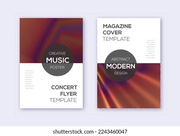 Conjunto moderno de plantillas de diseño de portada. Líneas abstractas naranjas sobre fondo de color rojo. Diseño de cubierta exótica. Catálogo imaginativo, afiche, plantilla de libro, etc.
