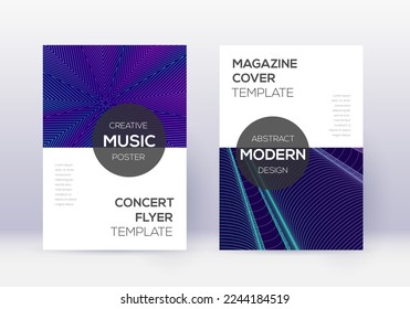 Conjunto moderno de plantillas de diseño de portada. Líneas abstractas neón sobre fondo azul oscuro. Diseño de cubierta exótica. Catálogo asombroso, afiche, plantilla de libro, etc.