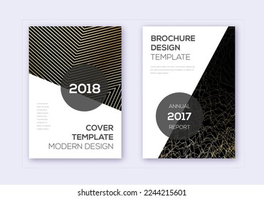 Modern cover design template set. Gold abstract lines on black background. Extra cover design. Authentic catalog, poster, book template etc.