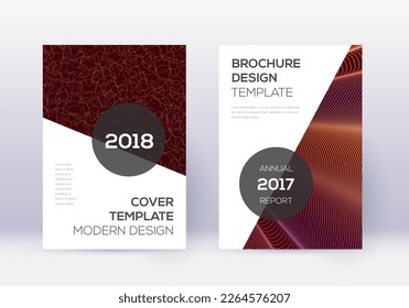 Modern cover design template set. Orange abstract lines on wine red background. Extraordinary cover design. Rare catalog, poster, book template etc.
