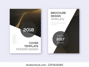 Modern cover design template set. Gold abstract lines on black background. Extra cover design. Alluring catalog, poster, book template etc.