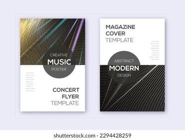 Modern cover design template set. Gold abstract lines on black background. Excellent cover design. Resplendent catalog, poster, book template etc.