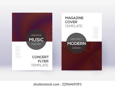 Conjunto moderno de plantillas de diseño de portada. Líneas abstractas naranjas sobre fondo de color rojo. Diseño de cubierta exótica. Fantástico catálogo, afiche, plantilla de libro, etc.