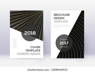 Conjunto moderno de plantillas de diseño de portada. Líneas abstractas de oro sobre fondo negro. Diseño de cubierta extra. Delicioso catálogo, afiche, plantilla de libro, etc.