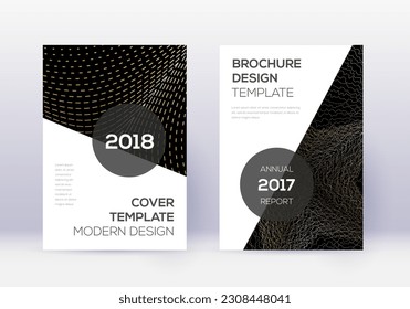 Conjunto moderno de plantillas de diseño de portada. Líneas abstractas de oro sobre fondo negro. Diseño de cubierta extra. Catálogo bizarro, afiche, plantilla de libro, etc.