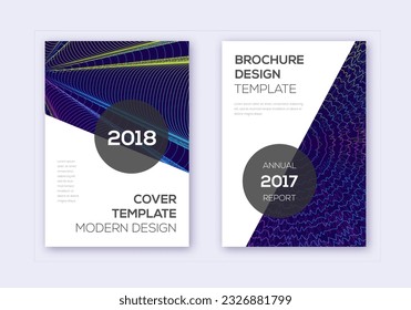 Modern cover design template set. Rainbow abstract lines on dark blue background. Fabulous cover design. Breathtaking catalog, poster, book template etc.