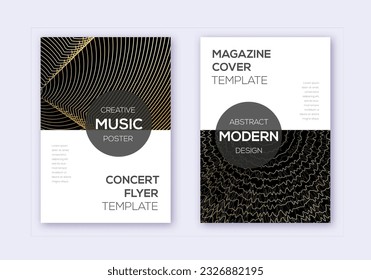 Modern cover design template set. Gold abstract lines on black background. Excellent cover design. Pleasing catalog, poster, book template etc.