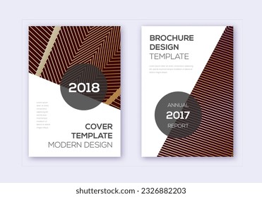 Modern cover design template set. Gold abstract lines on bordo background. Extra cover design. Fresh catalog, poster, book template etc.