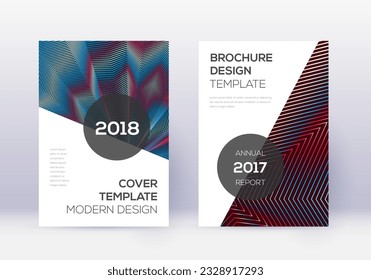 Modern cover design template set. Red abstract lines on white blue background. Fabulous cover design. Optimal catalog, poster, book template etc.