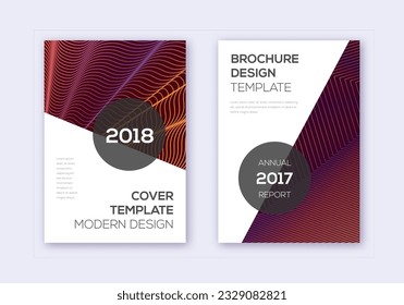 Conjunto moderno de plantillas de diseño de portada. Líneas abstractas naranjas sobre fondo de color rojo. Extraordinario diseño de portada. Catálogo, afiche, plantilla de libro, etc.
