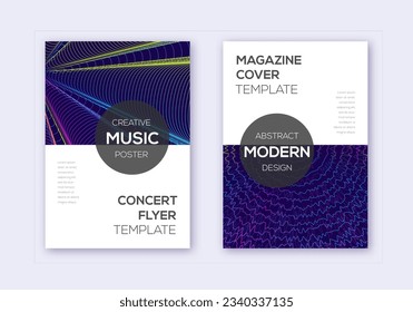 Modernes Cover Design Template Set. Abstrakte Regenbogen-Linien auf dunkelblauem Hintergrund. Exotisches Cover-Design. Bemerkenswerter Katalog, Poster, Buchvorlage etc.